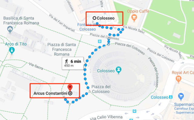 Trajet / Itinéraire de la station de métro Colosseo (ligne B) à l'Arc Constantin