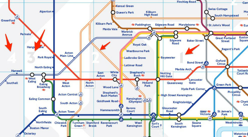 Plan du métro de Londres avec les différentes zones